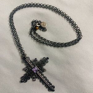 Metal Cross Necklace with Purple Stone in Center